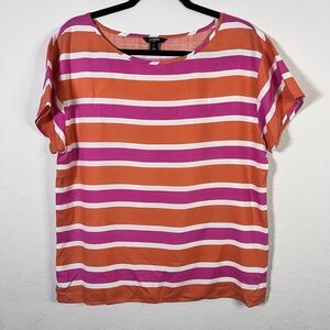 J.CREW Orange & Pink Stripe 100% Silk Blouse Womens Size Large